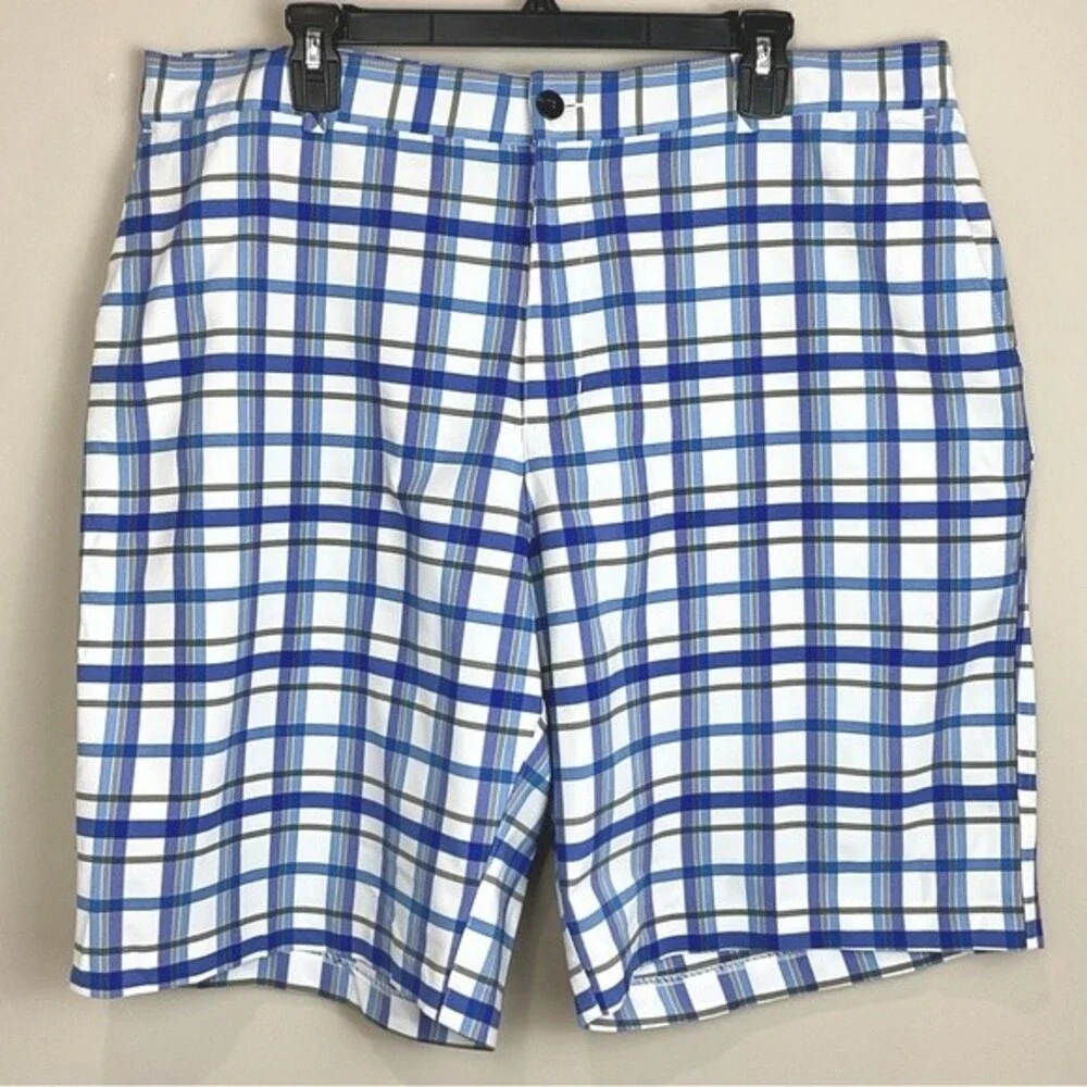 Adidas Plaid Golf Shorts Flat Front Men's Sz 40 Performance Blue & White